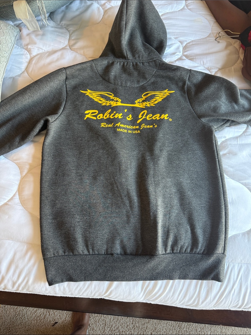 Robin's Jean Men's Charcoal Zip-Up Hoodie with Yellow Logo